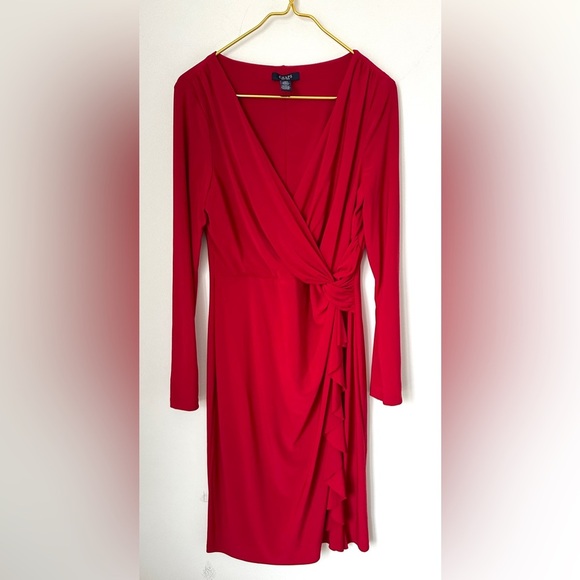 Chaps Bold Red Long Sleeve Stretch Fitted V-Neck Wrap Style Dress Women’s Large - Picture 1 of 9